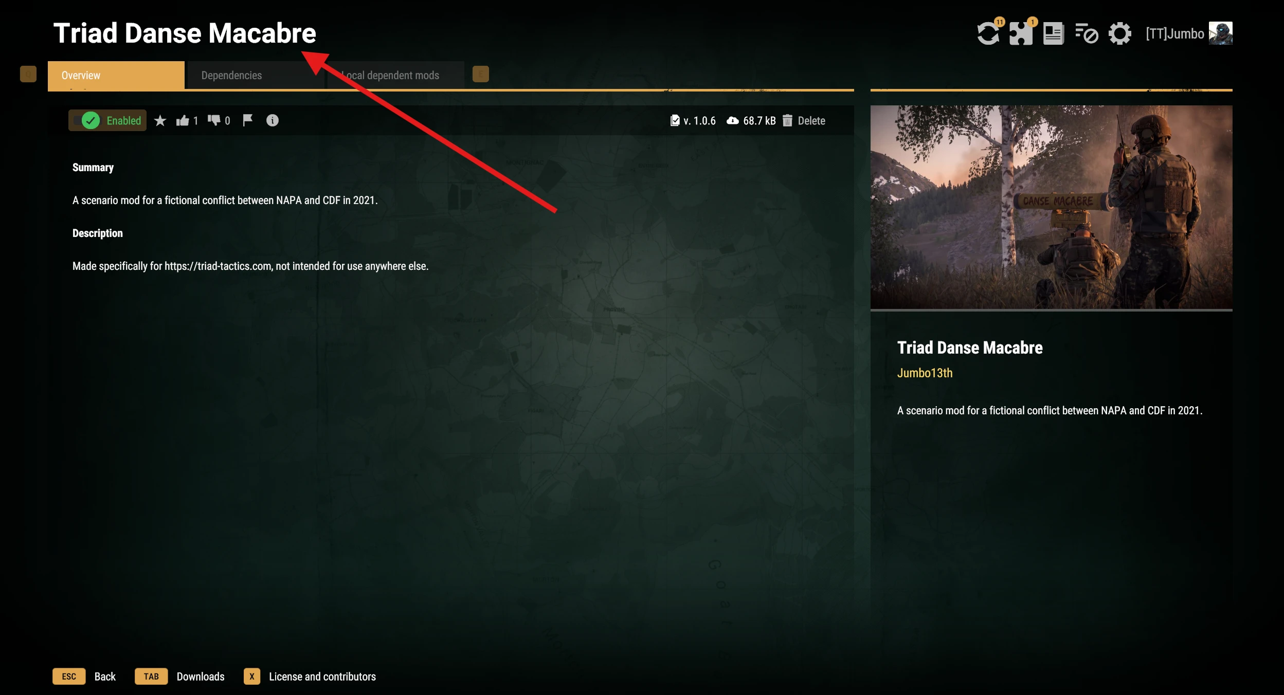 UF Danse Macabre's in-game Workshop page; the mod is already installed and enabled.