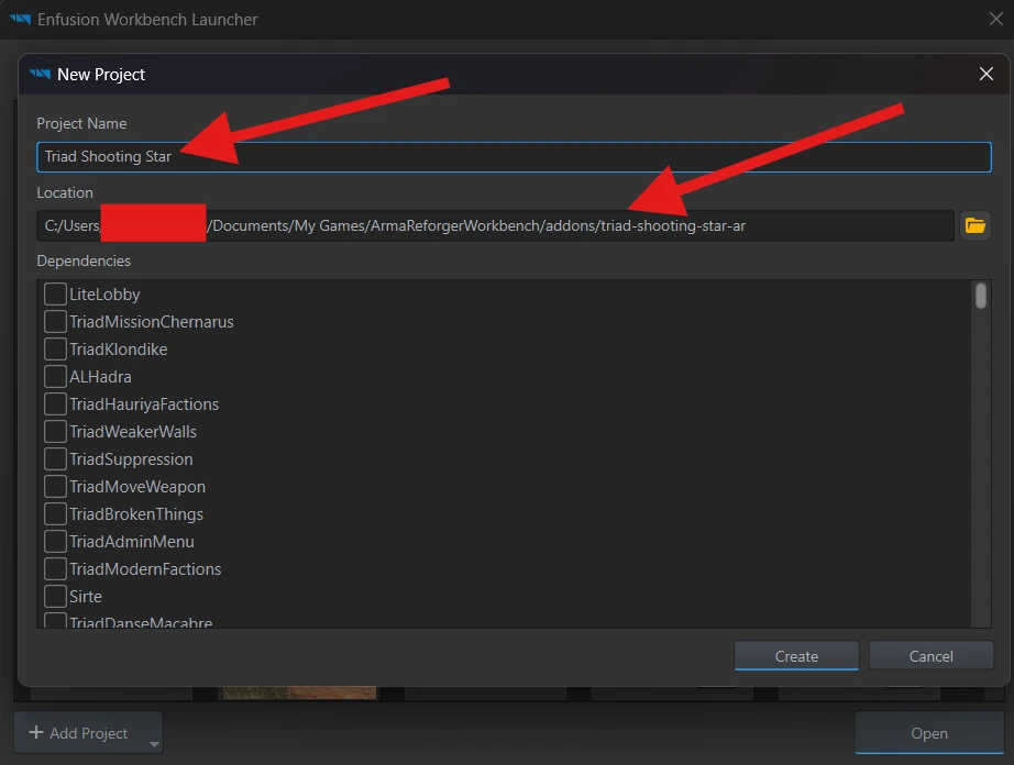The New Project window: Project Name is UF Shooting Star and Location points to the uf-shooting-star-ar repository folder.
