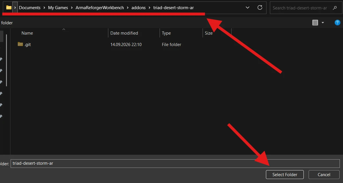 The folder picker is inside uf-desert-storm-ar, showing its .git folder.