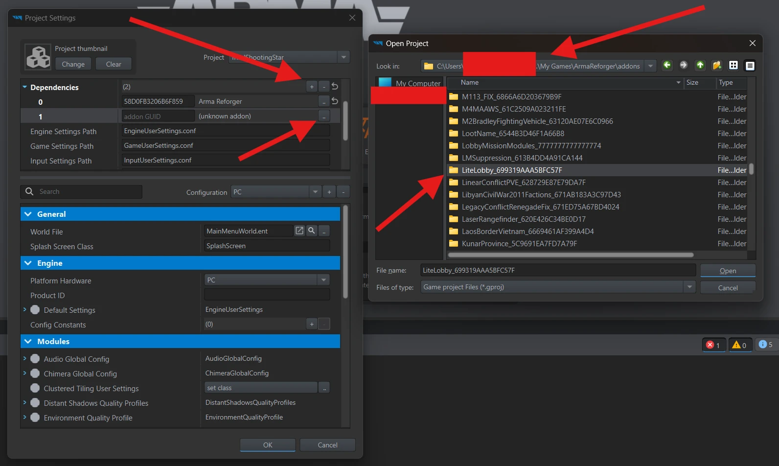 A new Dependencies row with its browse button opening the project picker at the LiteLobby_699319AAA5BFC57F folder.