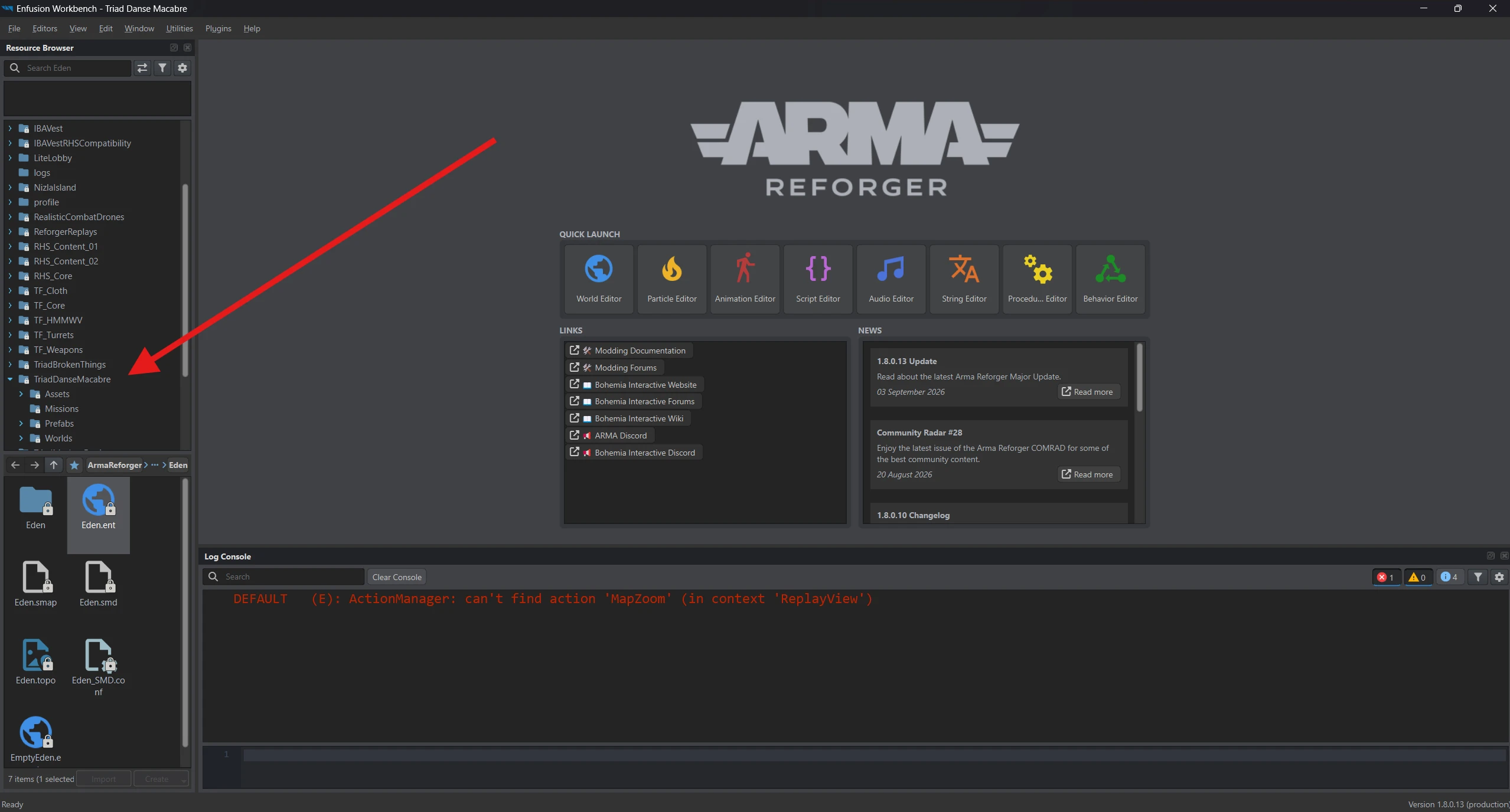 UFDanseMacabre expanded in Resource Browser, showing Assets, Missions, Prefabs, and Worlds.