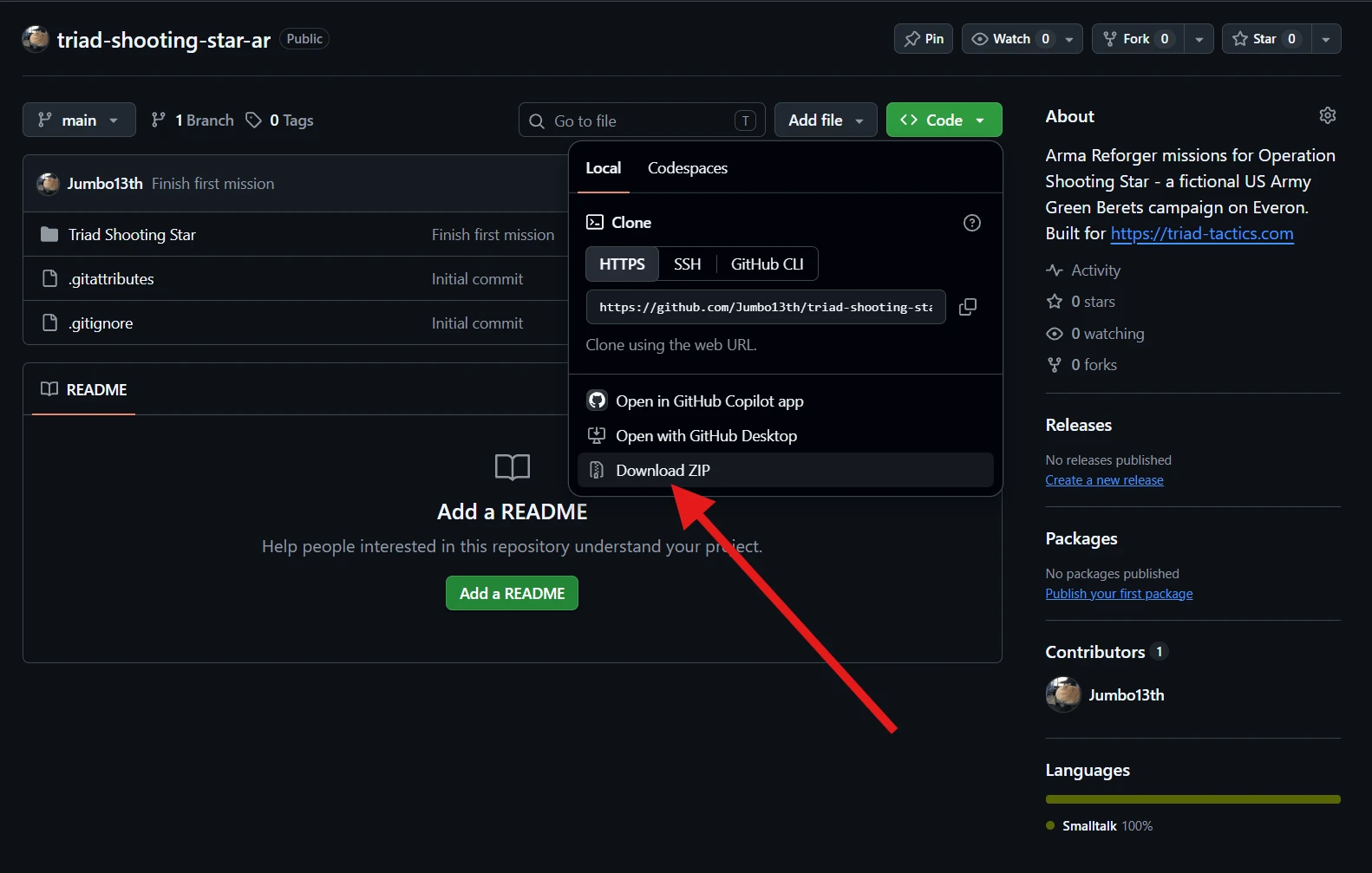The Code menu in uf-shooting-star-ar with Download ZIP indicated.