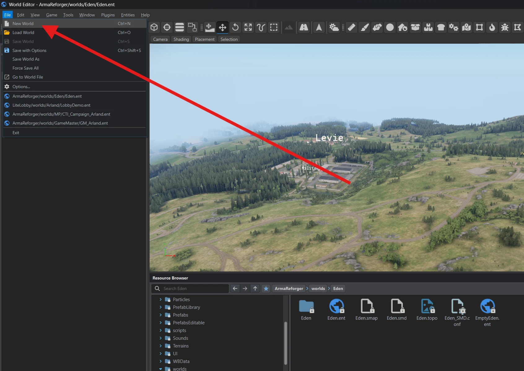 The File menu with New World selected after loading Eden.ent.