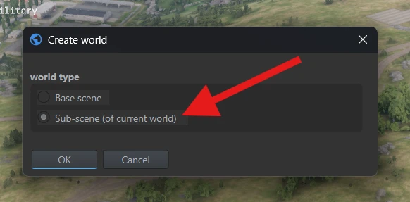 The Create world dialog with Sub-scene (of current world) selected.