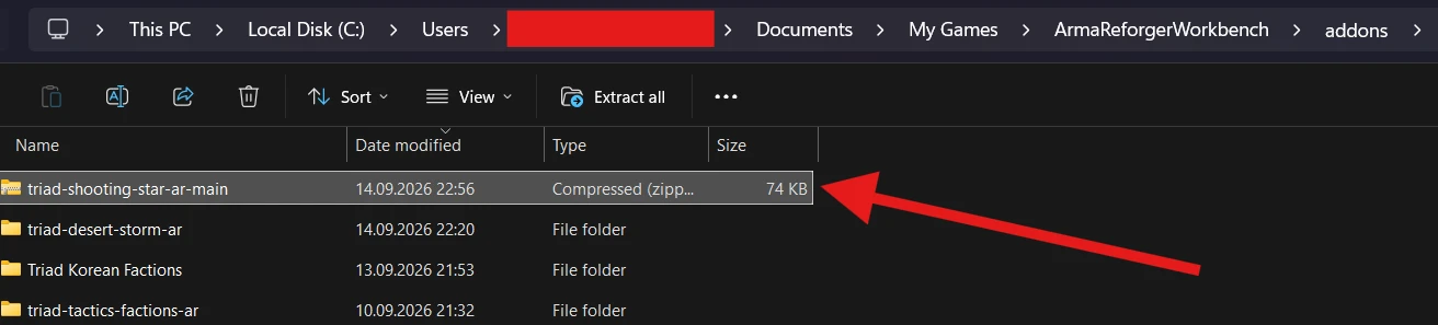 The uf-shooting-star-ar-main archive in ArmaReforgerWorkbench addons, with Extract all in the toolbar.