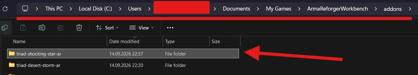 The extracted uf-shooting-star-ar folder in ArmaReforgerWorkbench addons.