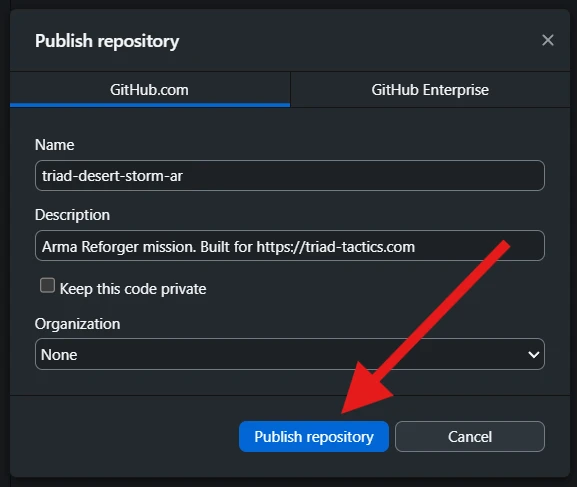Publish repository with the name uf-desert-storm-ar and Keep this code private unchecked.