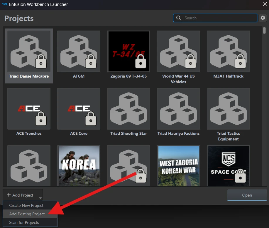 The Workbench Launcher Add Project menu with Add Existing Project indicated.