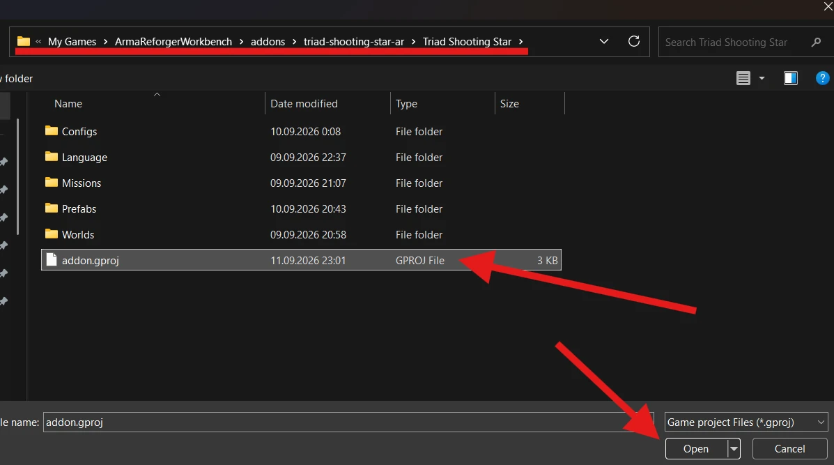The addon.gproj file selected inside uf-shooting-star-ar, UF Shooting Star, with Open indicated.