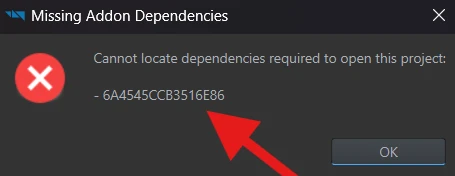 Missing Addon Dependencies reports the missing addon 6A4545CCB3516E86.