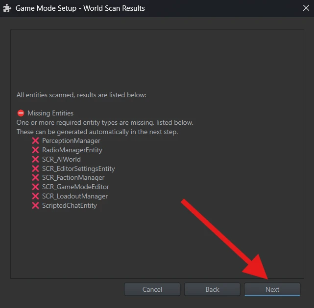 World Scan Results showing the Missing Entities list and Next button.