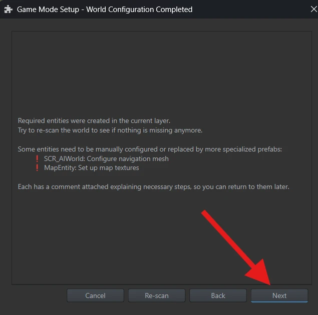 World Configuration Completed with setup reminders for SCR_AIWorld and MapEntity.