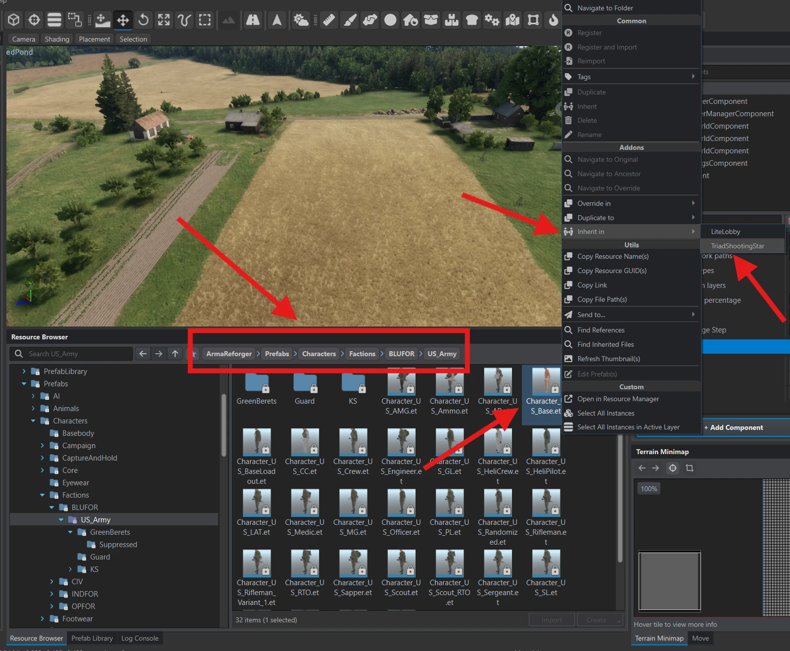 Character_US_Base.et selected in Resource Browser, with Inherit in → UFShootingStar open in the context menu.