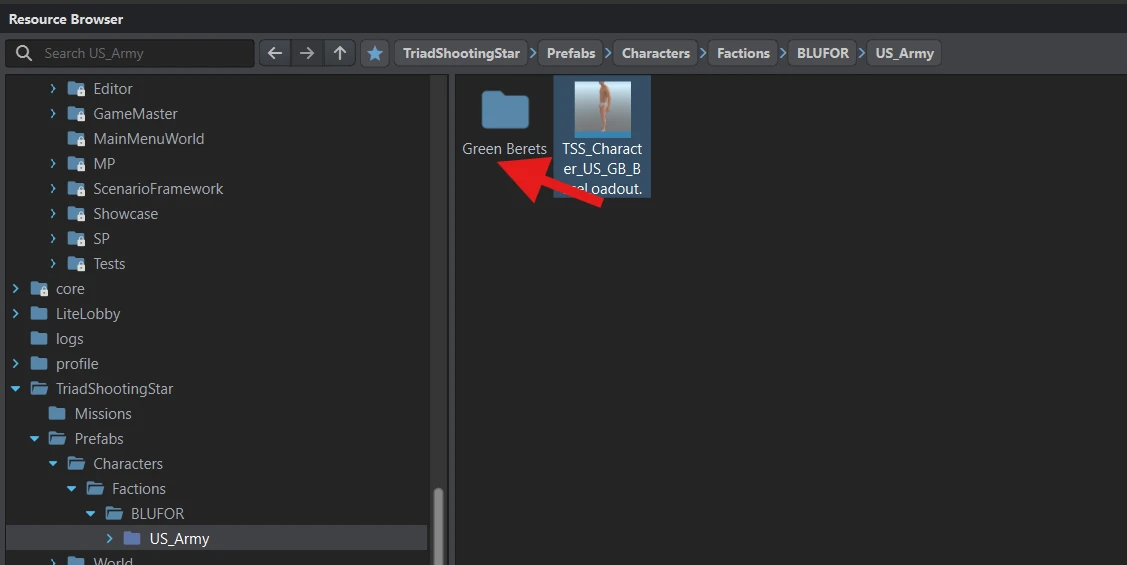 The Green Berets folder beside the base prefab in the addon's US_Army directory, with an arrow pointing to the folder.