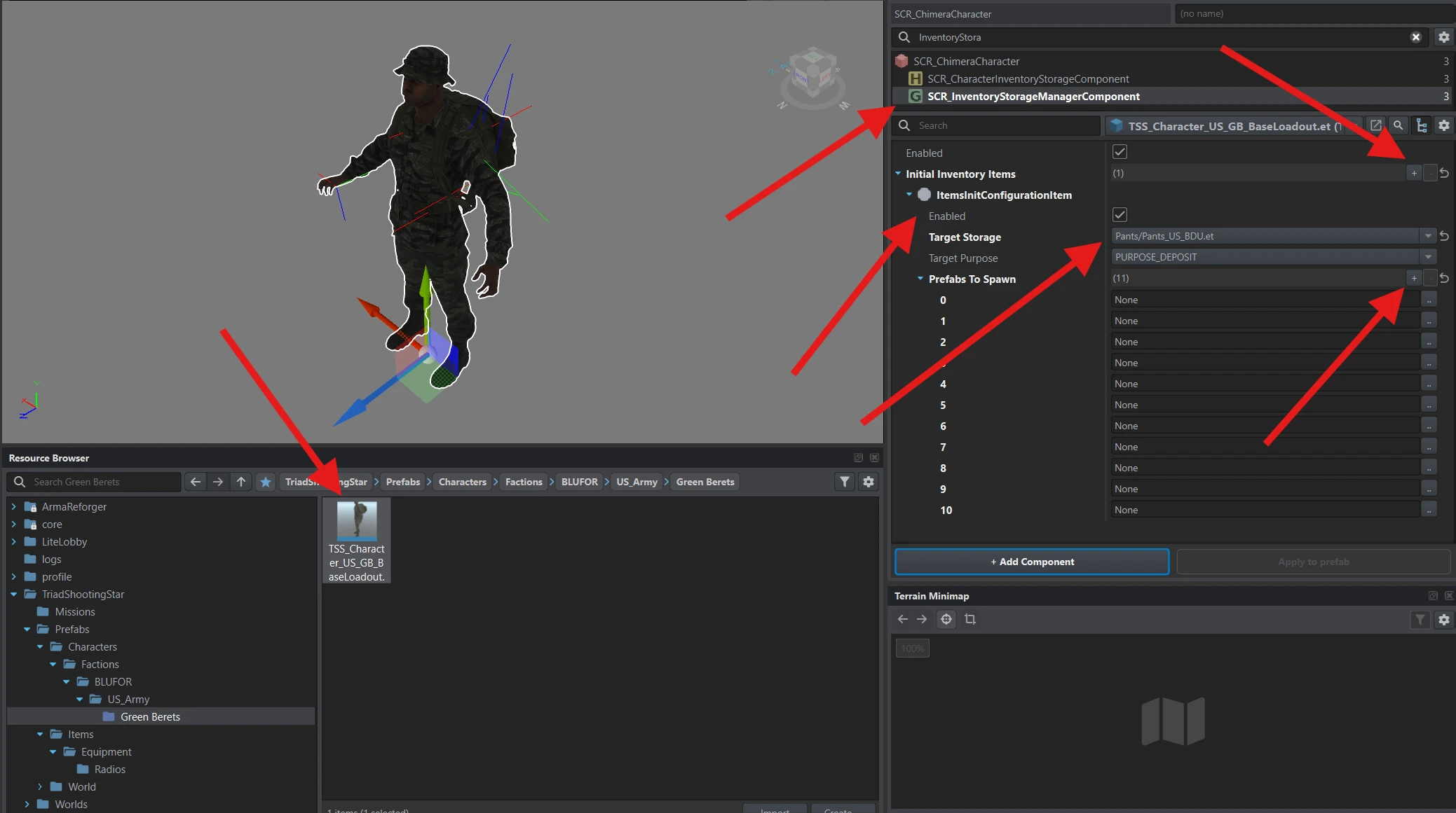 SCR_InventoryStorageManagerComponent with Target Storage set to Pants/Pants_US_BDU.et and empty Prefabs To Spawn entries.