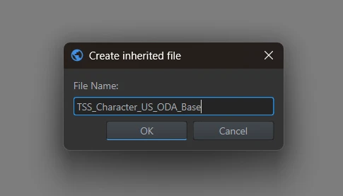 Create inherited file dialog showing the older name TSS_Character_US_ODA_Base, without GB.