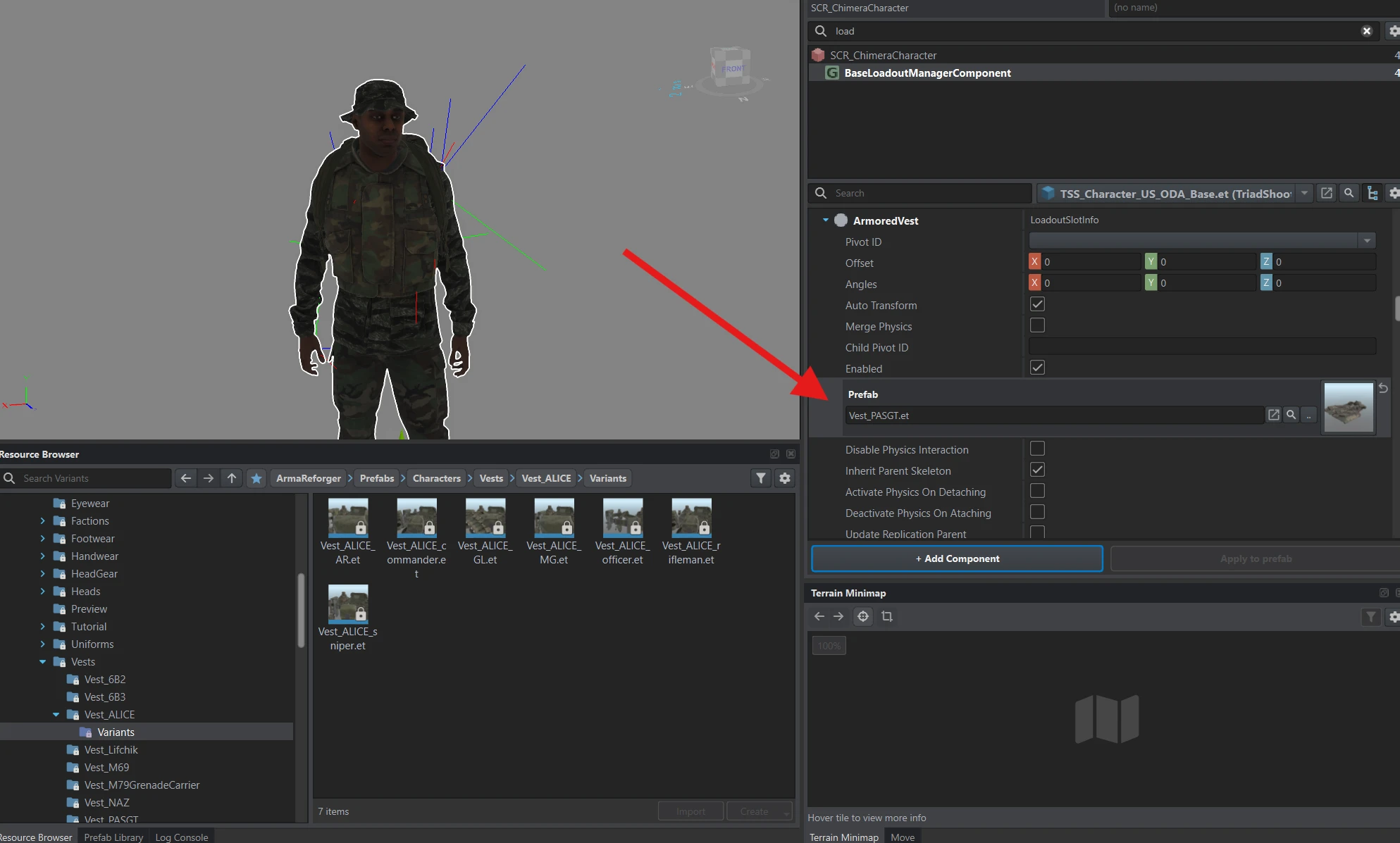 Vest_PASGT.et assigned to ArmoredVest, with body armor visible on the character.