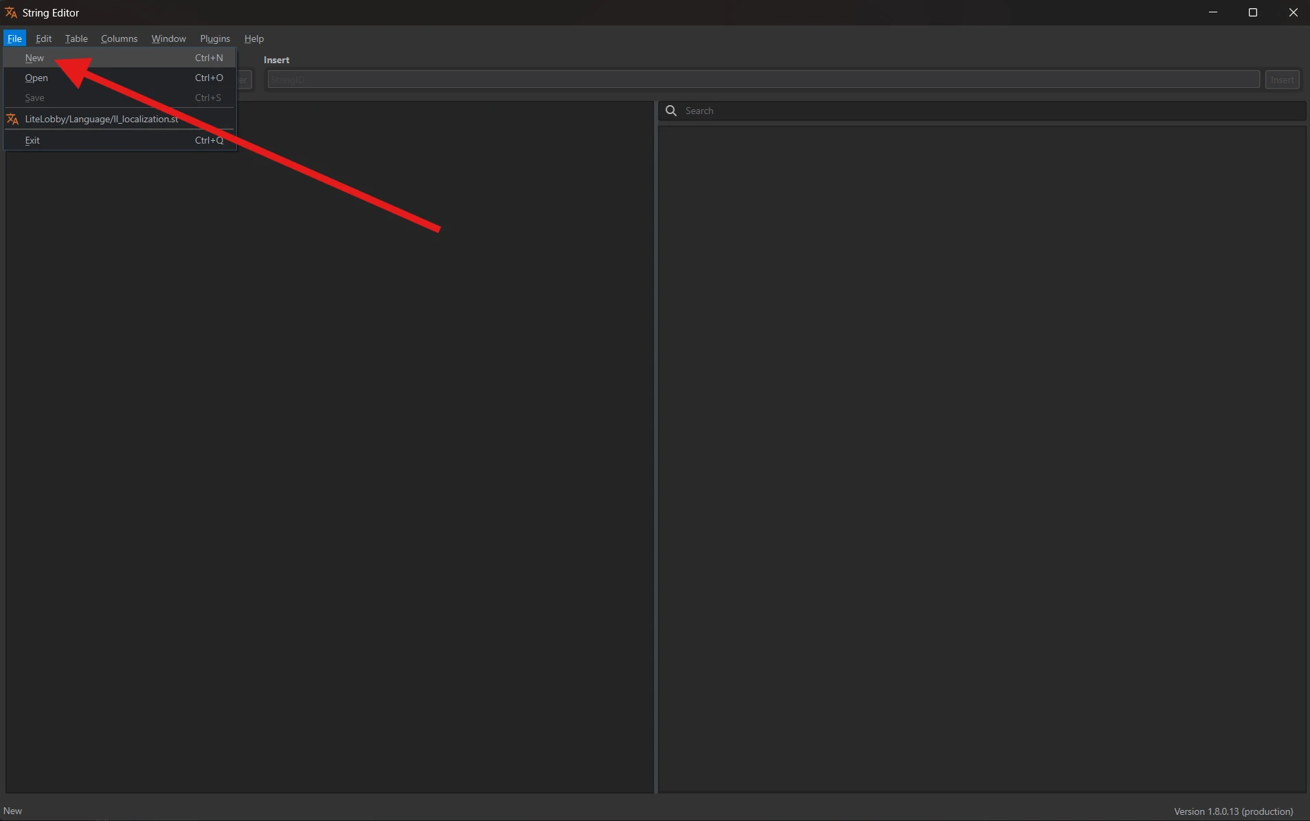 The New command in the String Editor File menu.