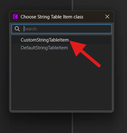 CustomStringTableItem selected in the item class dialog.