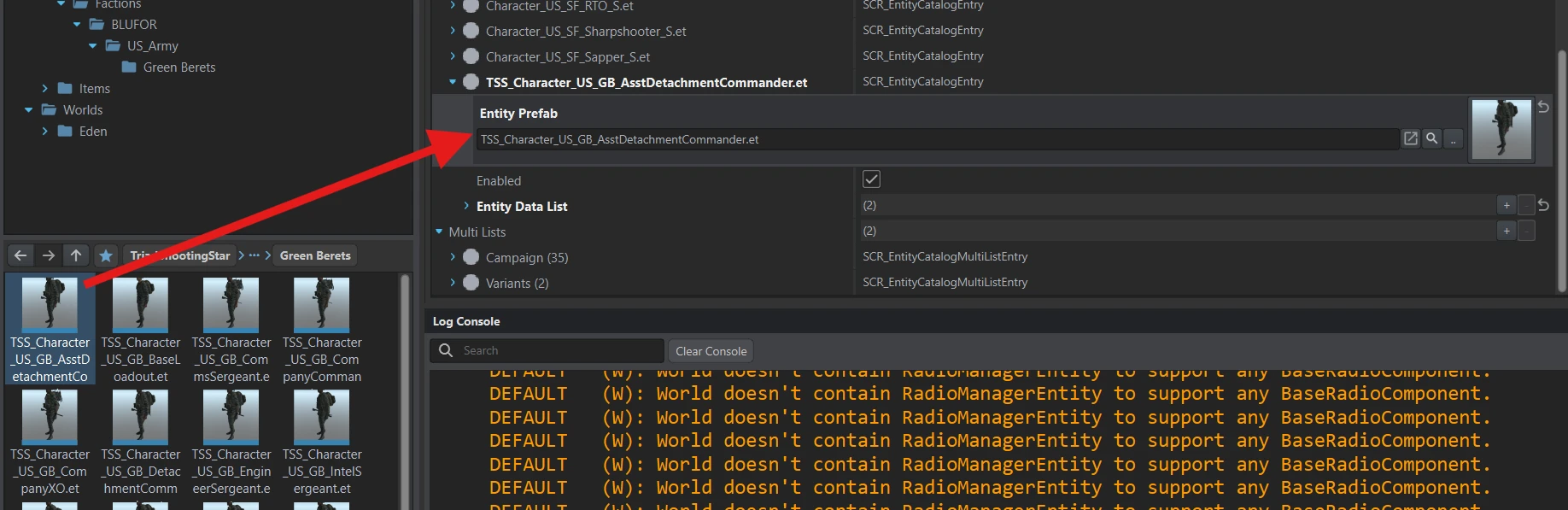 A character prefab is dragged from Resource Browser into a catalog entry's Entity Prefab field.