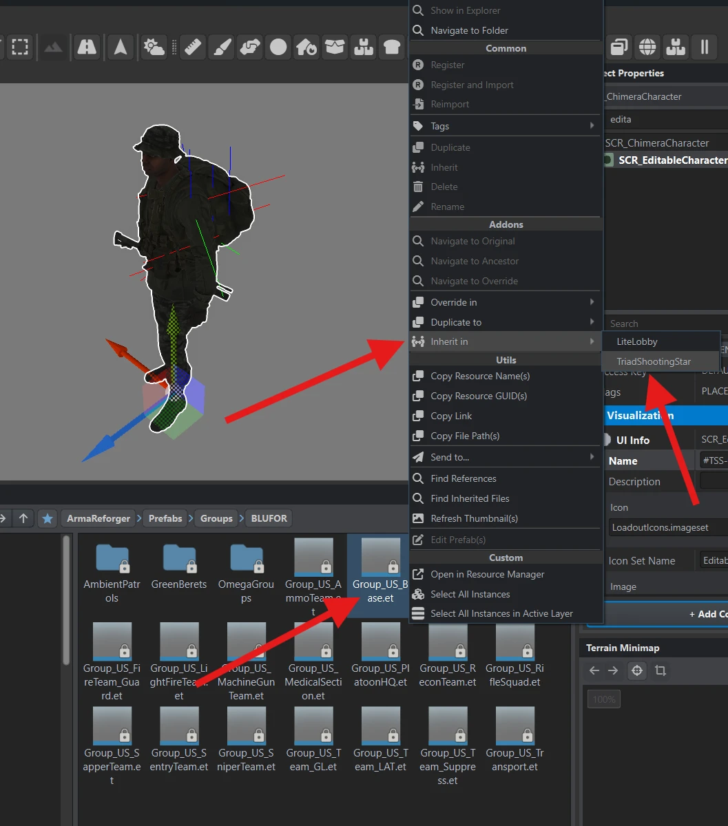 Inherit in selected for Group_US_Base.et with the UFShootingStar addon highlighted.