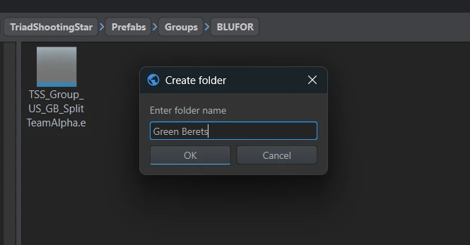 A Green Berets folder being created under the addon's Prefabs/Groups/BLUFOR.