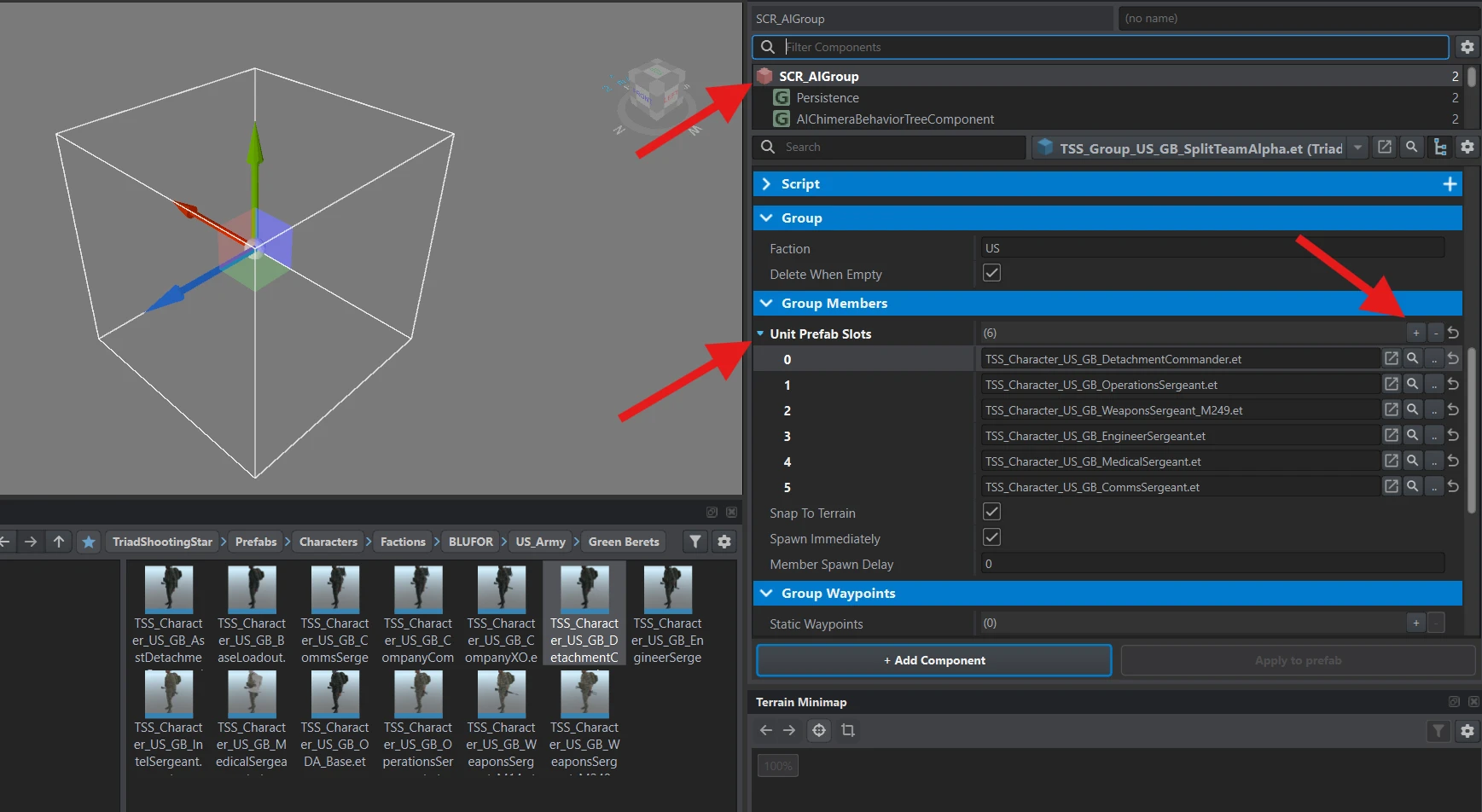 SCR_AIGroup with six Split Team Alpha character prefabs in Unit Prefab Slots.