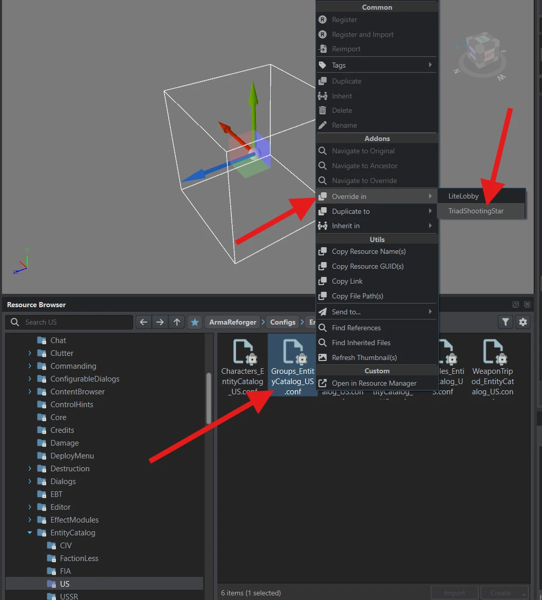 Override in selected for Groups_EntityCatalog_US.conf with the UFShootingStar addon highlighted.