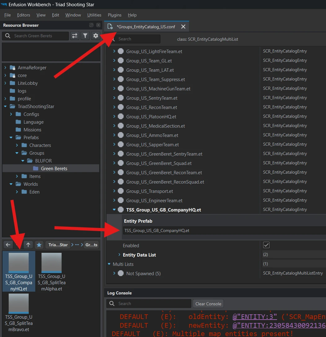 A group prefab is dragged from Resource Browser into Entity Prefab.
