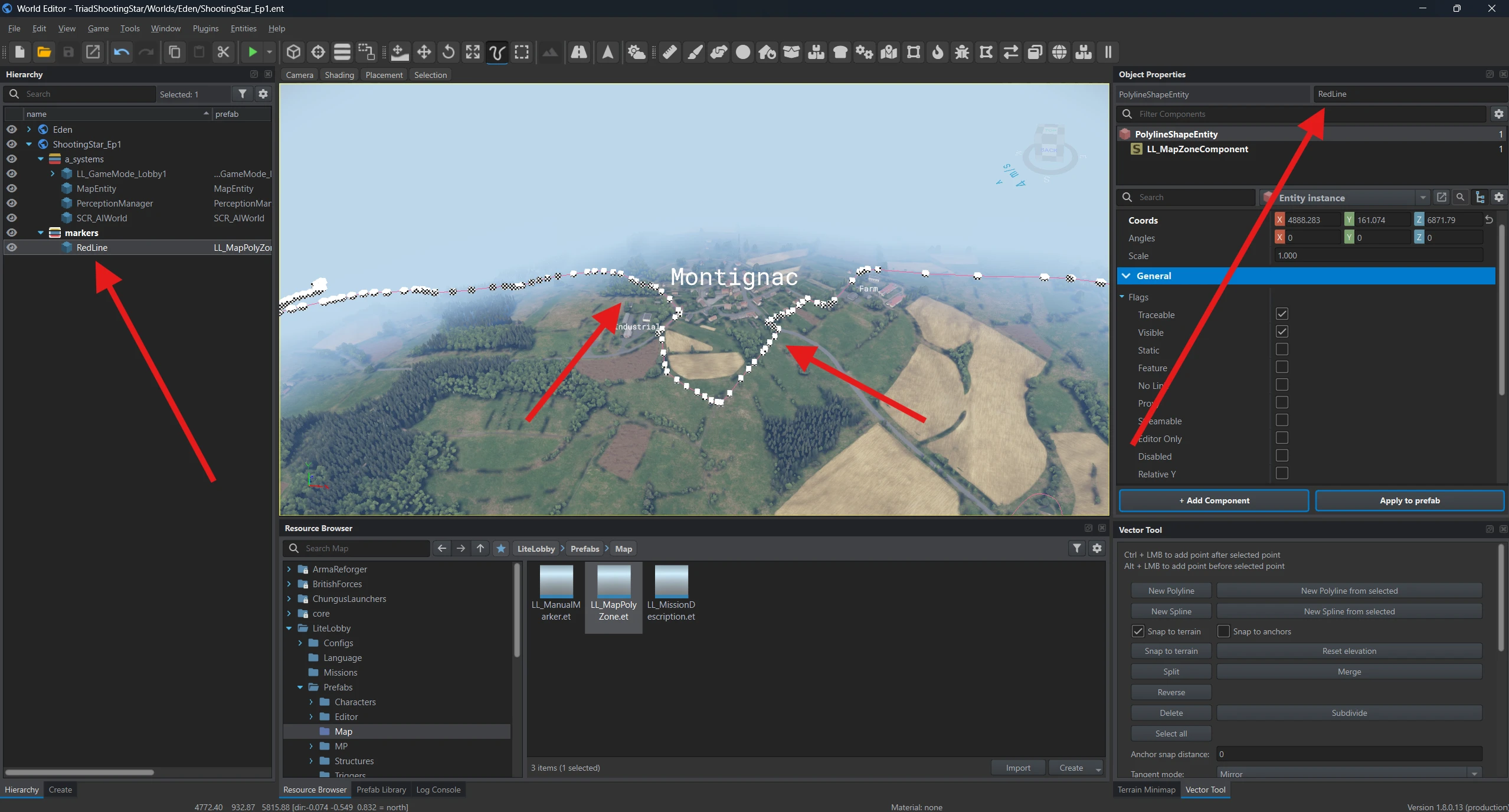 The object is named RedLine and its points run through the Montignac area.