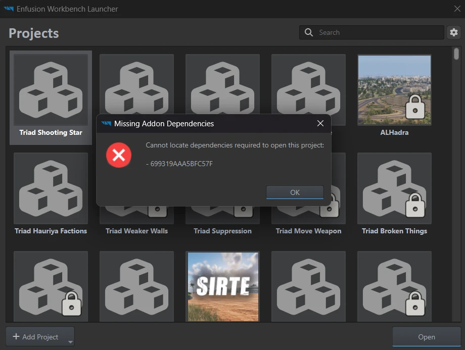 The Missing Addon Dependencies dialog lists the missing addon GUID 699319AAA5BFC57F.