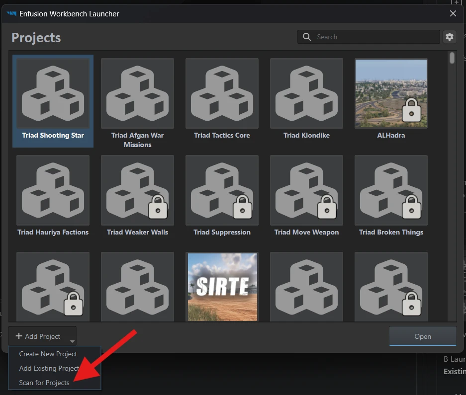The Add Project menu in Workbench Launcher points to Scan for Projects.