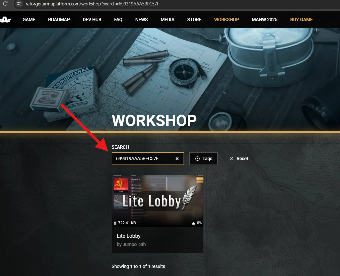 A Workshop search for GUID 699319AAA5BFC57F returns Lite Lobby.